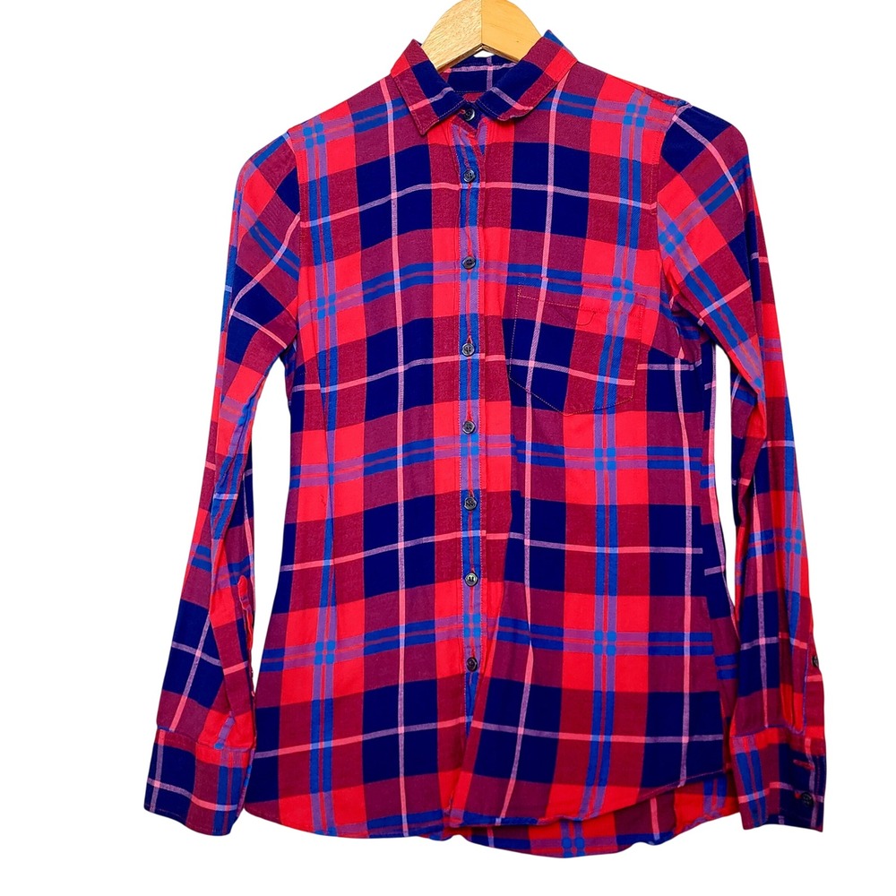 J.Crew Perfect Fit Flannel Shirt XXS Red Navy Plaid Granola Rustic Chic Western